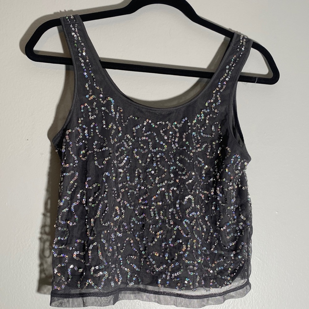 Forever 21 cropped, grey, sheer, lined tank with sequined pattern. SZ S